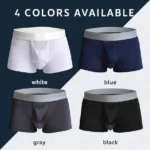 Varicocele-Underwear-Avialable-Colors-White-Navy-Black-Gray-888x888 Four color options of men’s varicocele boxer briefs with contoured pouch and wide waistband in white, blue, gray, and black