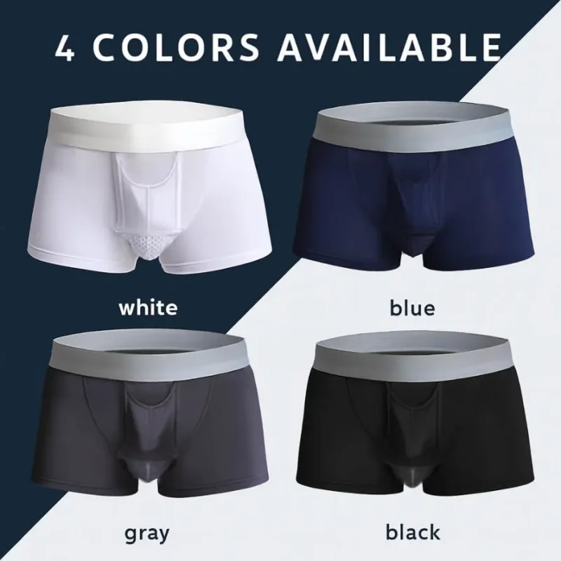 Varicocele-Underwear-Avialable-Colors-White-Navy-Black-Gray-888x888 Four color options of men’s varicocele boxer briefs with contoured pouch and wide waistband in white, blue, gray, and black