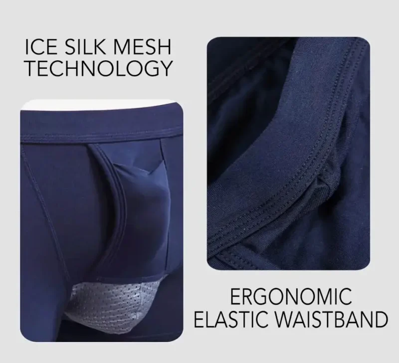 Varicocele-Underwear-Ice-Silk-Mesh-Technology-952x866 Close-up of men’s varicocele underwear featuring ice silk mesh technology and ergonomic elastic waistband for breathability and comfort