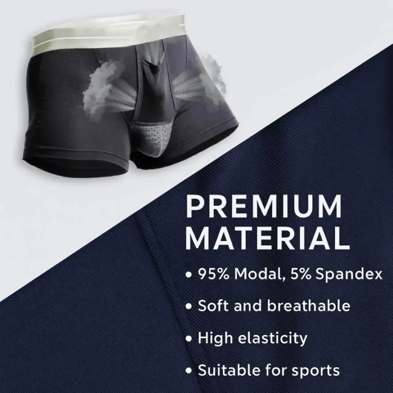 Varicocele-Underwear-Material-Modal-Spandex-888x888 Men’s modal varicocele underwear with white waistband and breathable mesh pouch, made from 95% Modal and 5% Spandex for softness, elasticity, and sports comfort