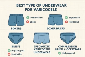 Infographic showing the best type of underwear for varicocele with pros and cons of boxers, boxer briefs, briefs, specialized varicocele underwear, and compression briefs/jockstraps.