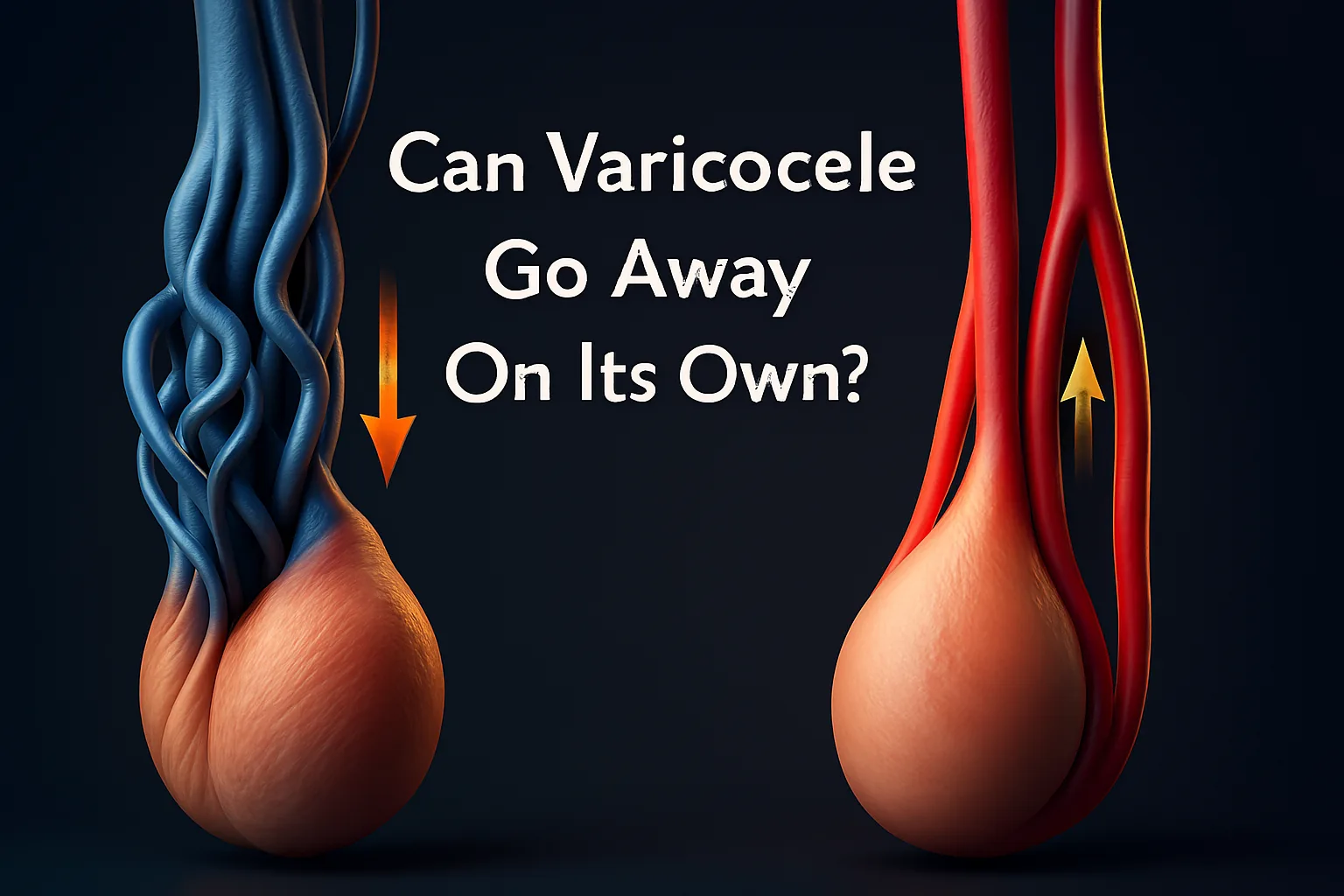 3D medical illustration showing varicocele veins versus healthy veins with arrows, Can Varicocele Go Away On Its Own
