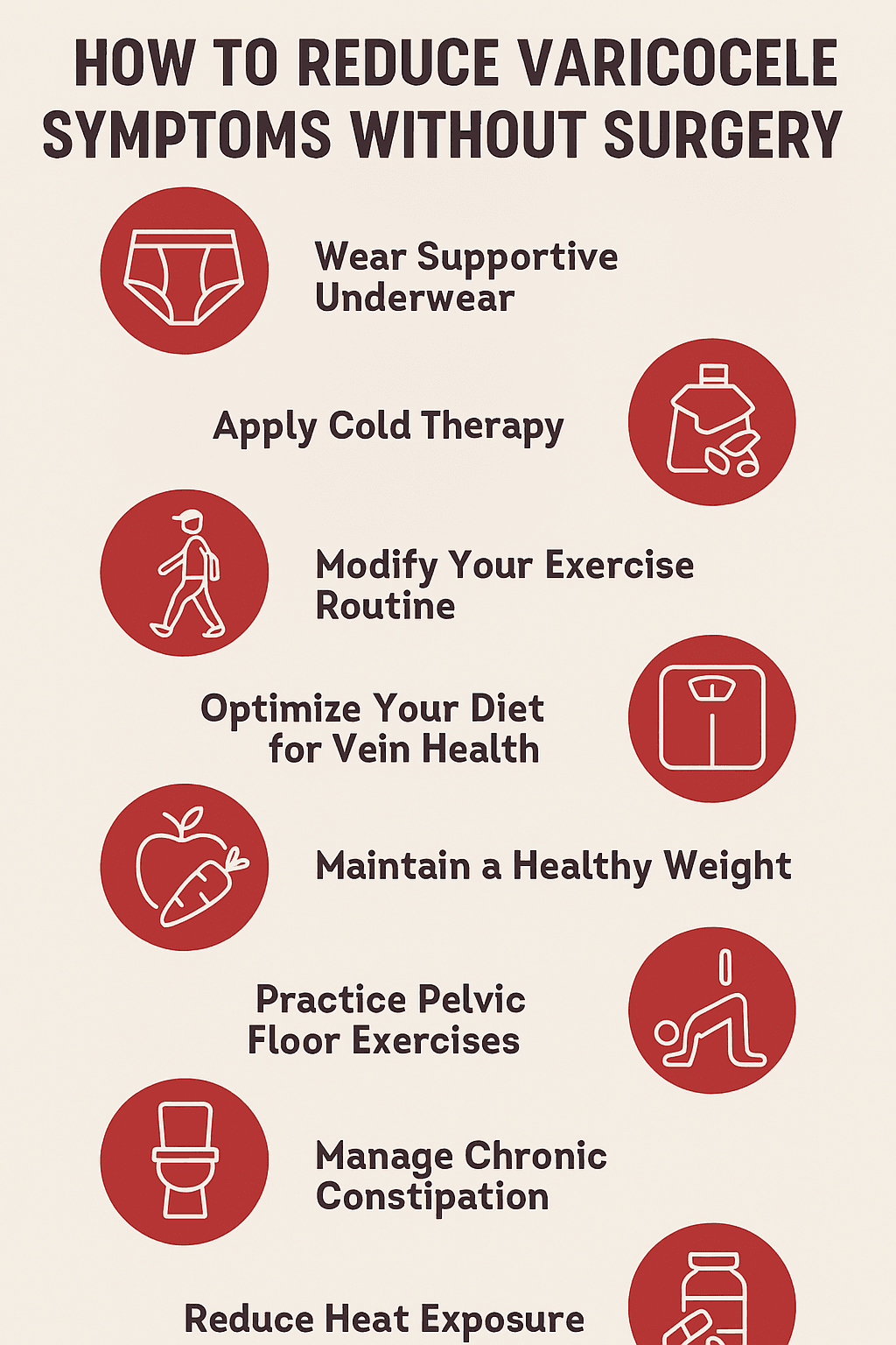 Infographic titled ‘How to Reduce Varicocele Symptoms Without Surgery’ showing nine natural strategies: wear supportive underwear, apply cold therapy, modify exercise routine, optimize diet for vein health, maintain healthy weight, practice pelvic floor exercises, manage constipation, reduce heat exposure, and try evidence-based supplements.