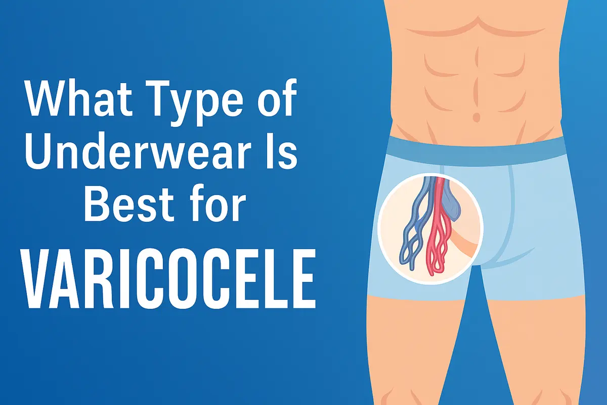 What type of underwear is best for varicocele – medical illustration of male torso in supportive boxer briefs with highlighted varicocele veins, showing best underwear choice for pain relief, fertility support, and scrotal health