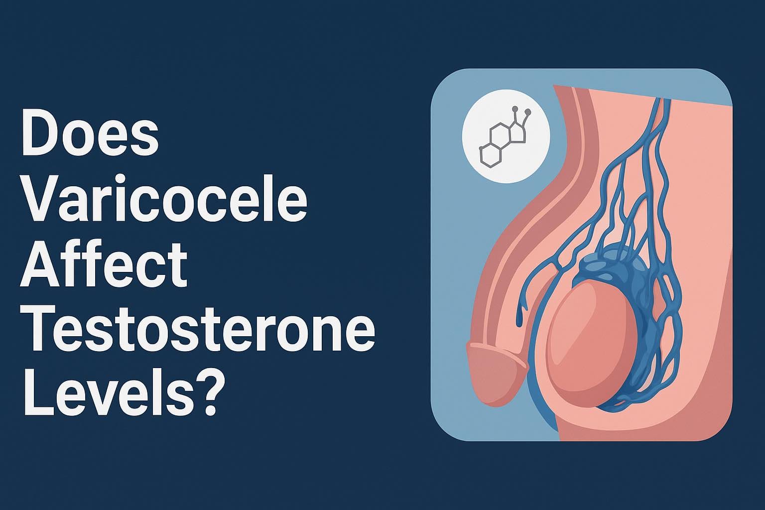 Medical illustration of varicocele showing enlarged scrotal veins and its impact on testosterone levels in men
