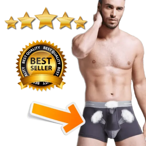 Man wearing black varicocele underwear with breathable design, highlighted by airflow graphics and best seller badge, showcasing comfort, support, and top-rated quality for male fertility health.