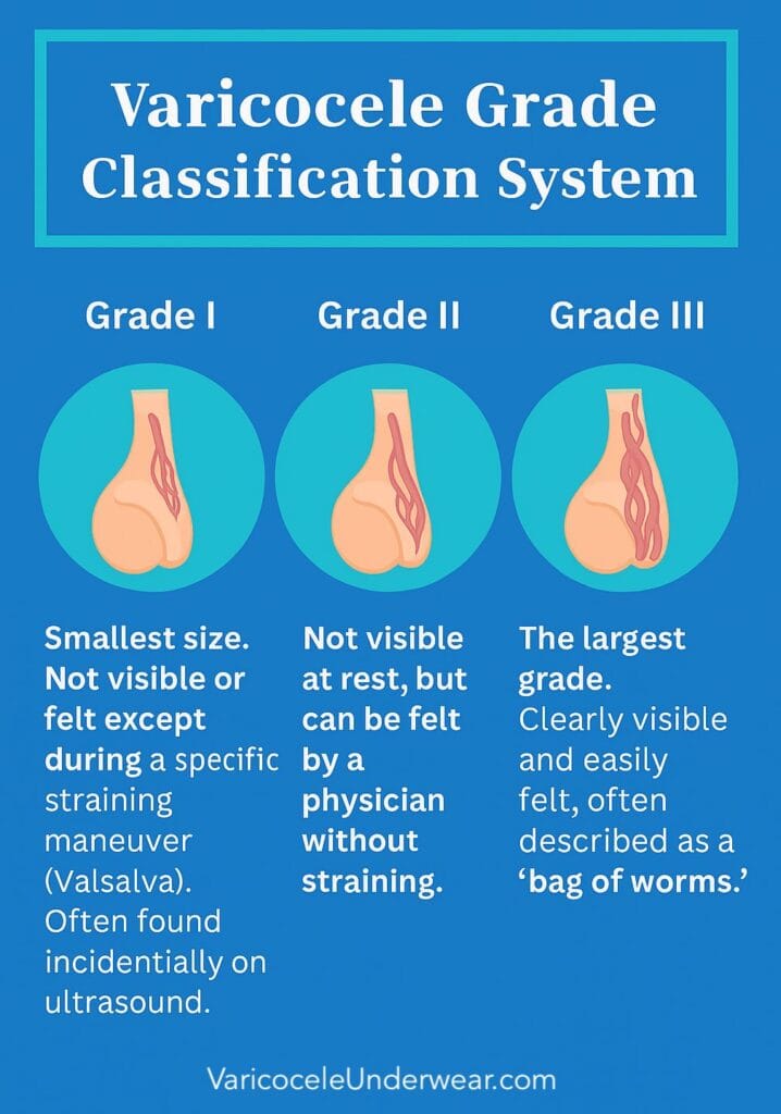 Educational infographic showing varicocele grade classification system with medical illustrations of Grade I, Grade II, and Grade III varicoceles.