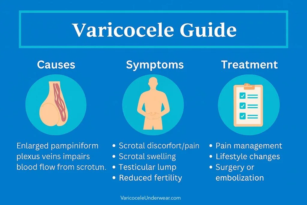 Horizontal infographic titled Varicocele Guide showing causes, symptoms, diagnosis, and treatment with medical icons and short descriptions.