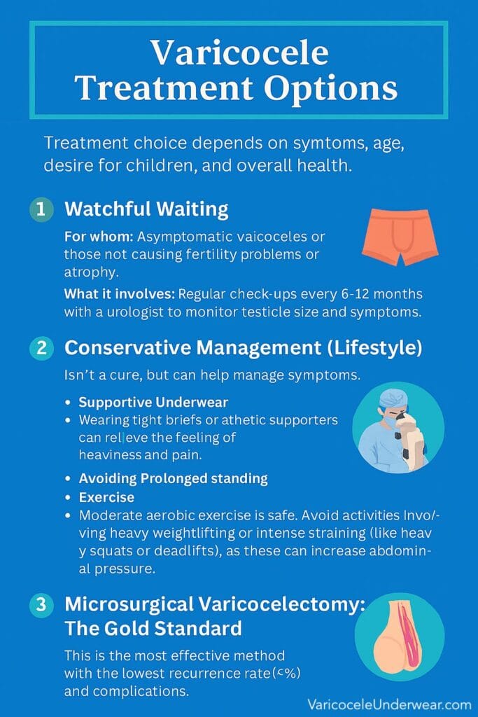 Vertical infographic showing varicocele treatment options including watchful waiting, lifestyle management, microsurgical varicocelectomy, percutaneous embolization, and laparoscopic ligation with medical illustrations.