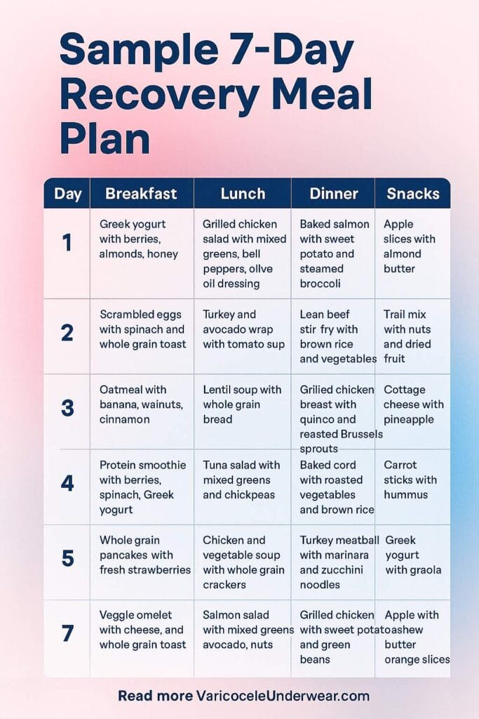 Varicocele recovery meal plan infographic with 7-day post-surgery diet, healthy foods, and nutrition tips