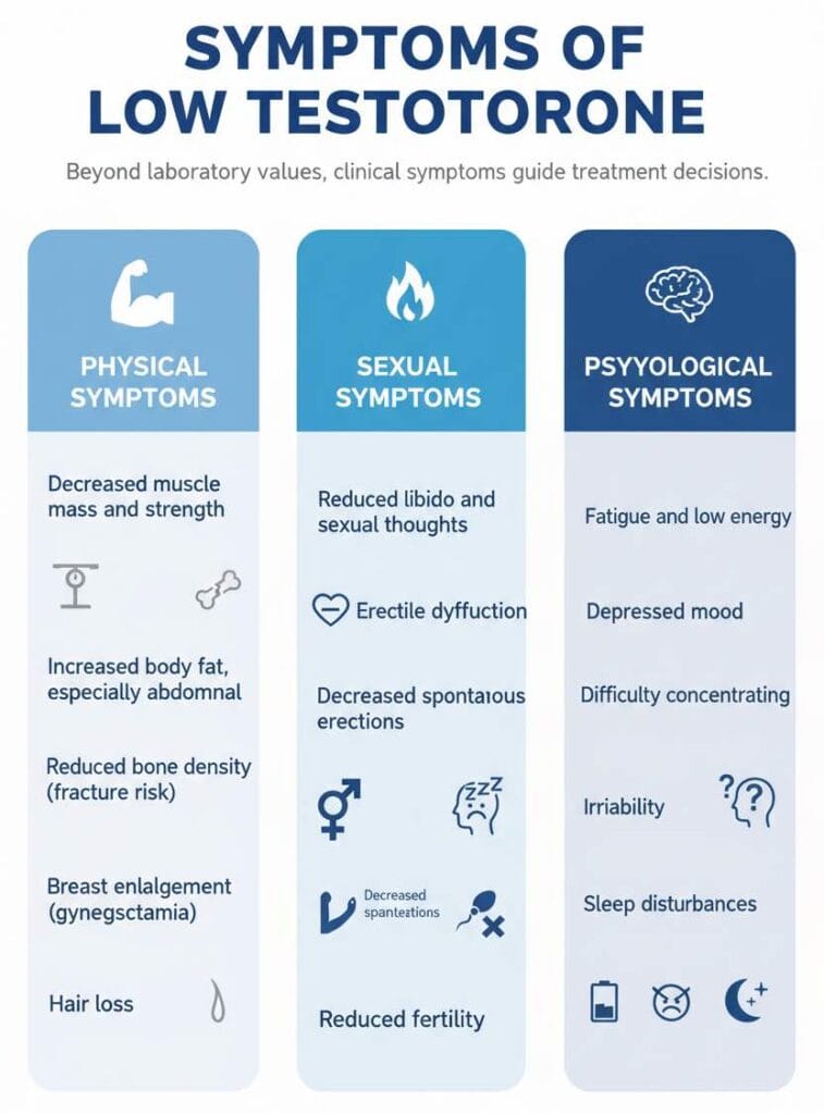 Infographic illustrating common symptoms of low testosterone in men, including fatigue, reduced muscle mass, low libido, mood changes, and difficulty concentrating.