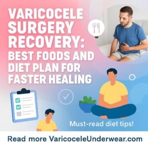 Varicocele surgery recovery diet infographic with best foods for healing, healthy lifestyle visuals, and nutrition tips