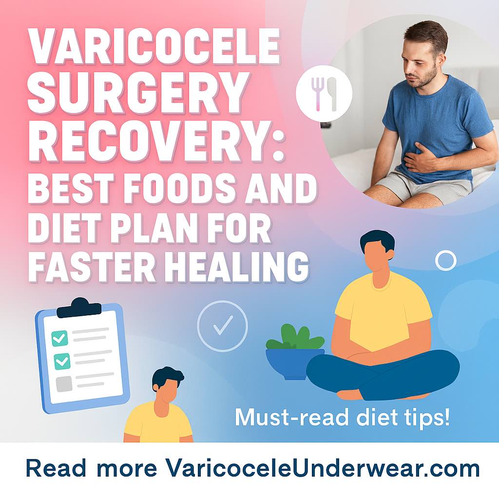 Varicocele surgery recovery diet infographic with best foods for healing, healthy lifestyle visuals, and nutrition tips
