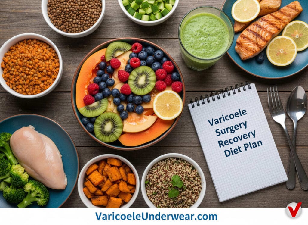 Healthy foods and balanced diet plan for varicocele surgery recovery, promoting faster healing and male reproductive health