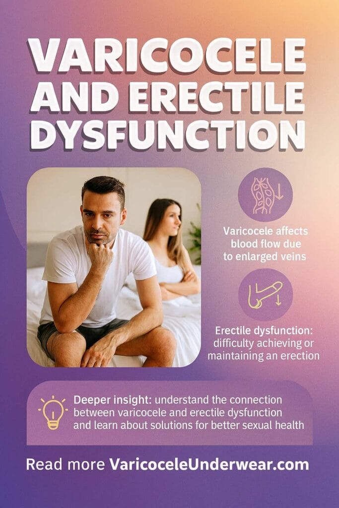Infographic explaining the link between varicocele and erectile dysfunction with lifestyle visuals and medical icons