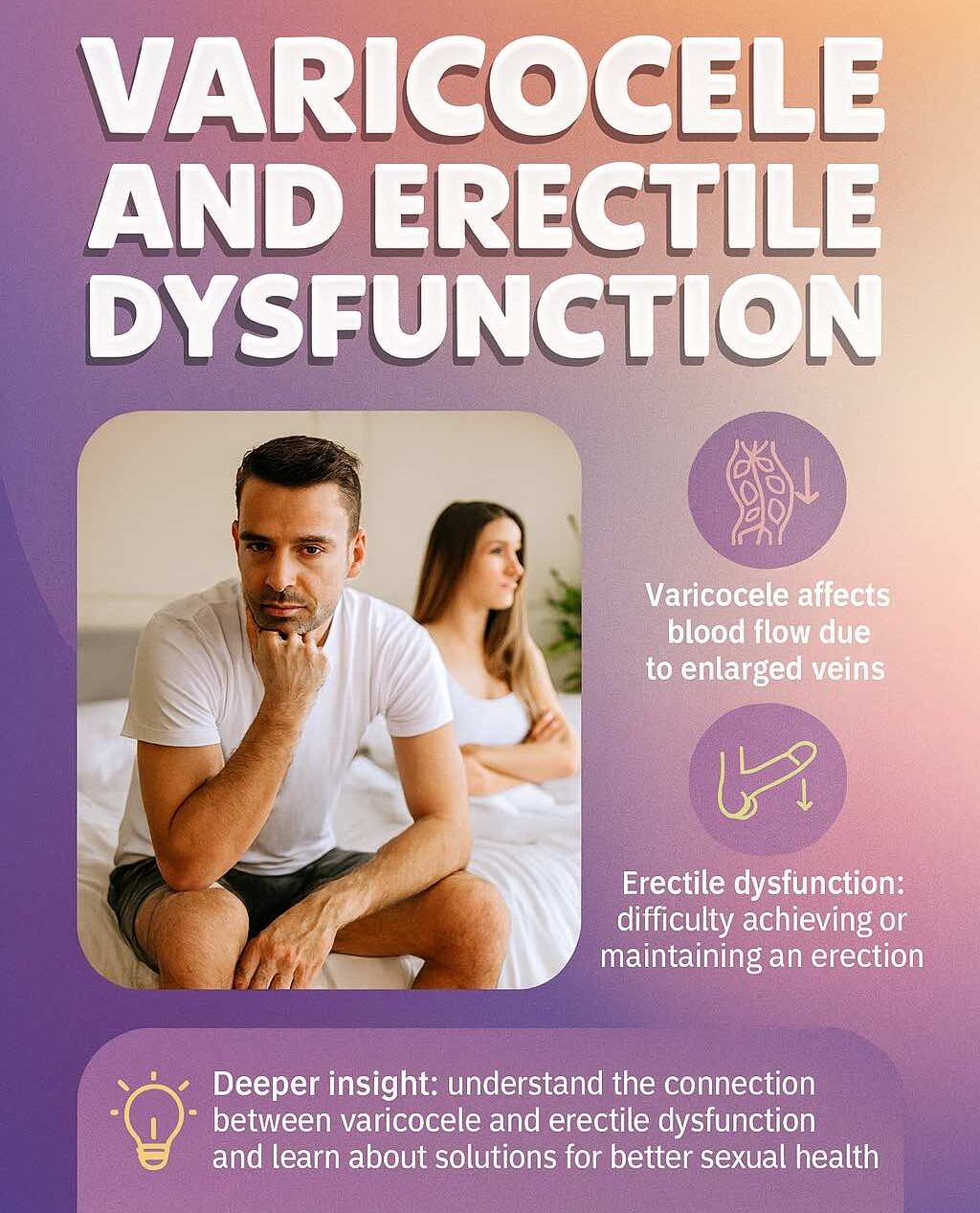 Infographic explaining the link between varicocele and erectile dysfunction with lifestyle visuals and medical icons