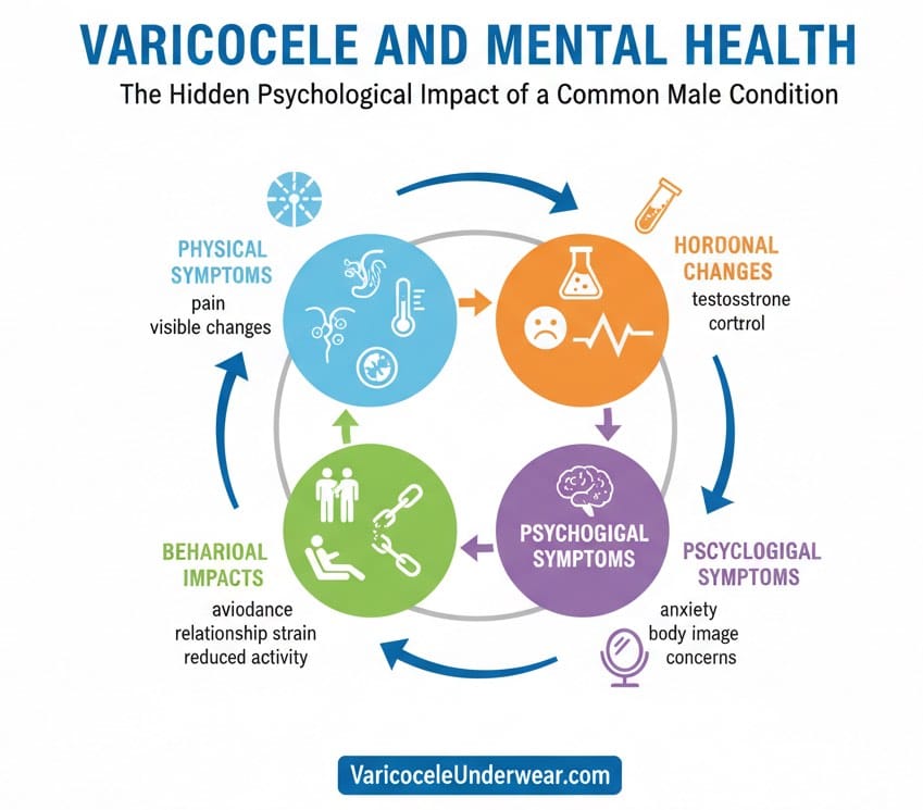 Infographic showing the bidirectional relationship between varicocele physical symptoms and mental health impacts, illustrating how hormonal changes, pain, and psychological distress create interconnected cycle