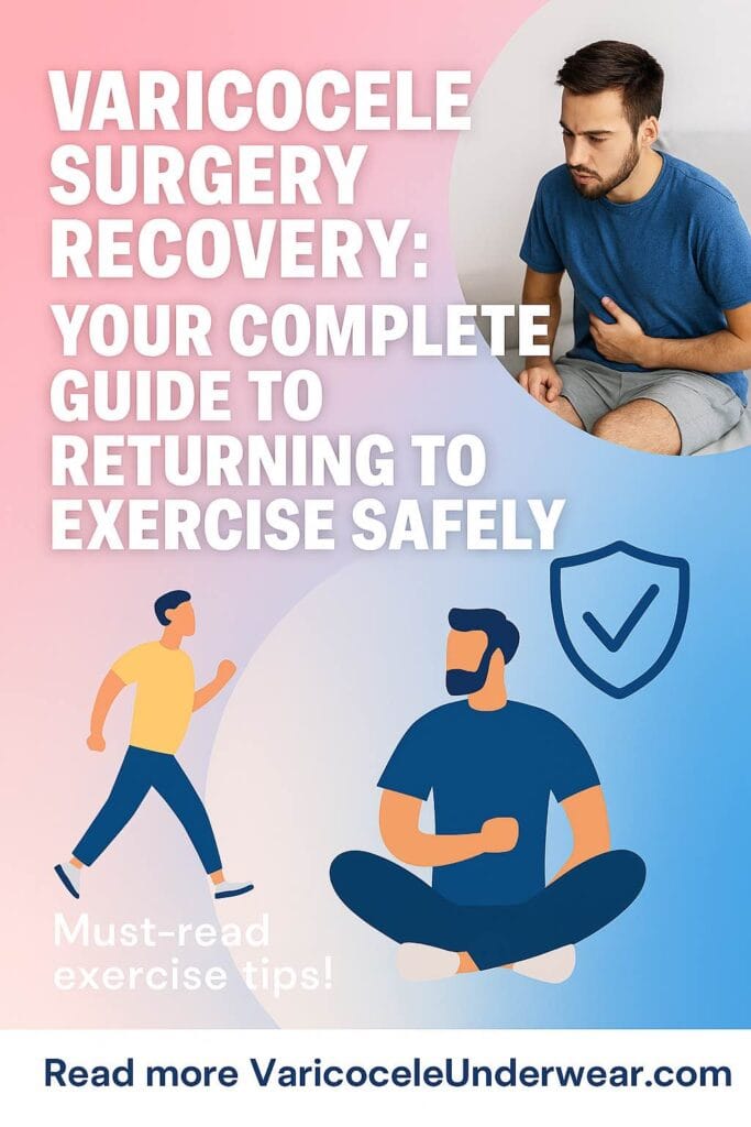 Varicocele surgery recovery exercise guide infographic with safe workouts, post-op fitness tips, and healing timeline