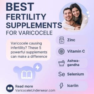 Infographic titled 'Best Fertility Supplements for Varicocele' featuring top supplements like Zinc, Vitamin C, Ashwagandha, Selenium, and Icariin