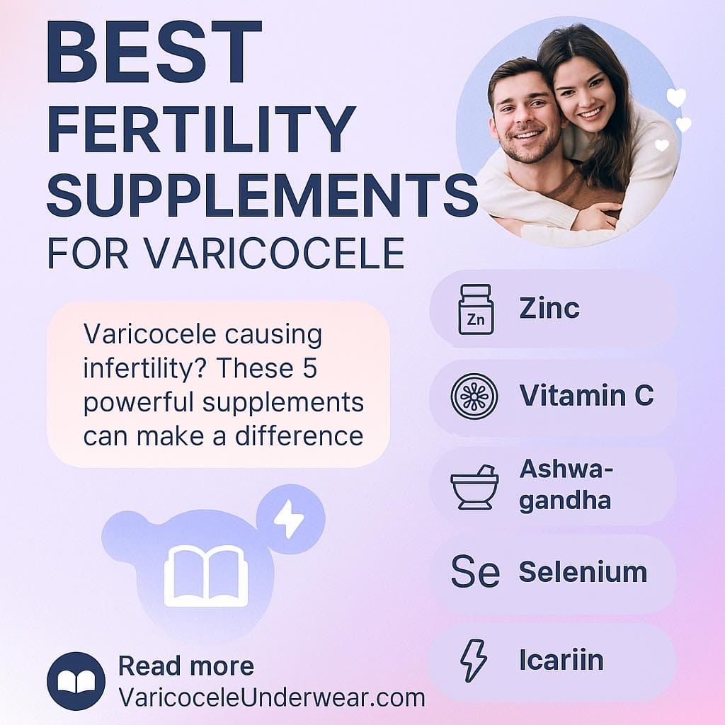 Infographic titled 'Best Fertility Supplements for Varicocele' featuring top supplements like Zinc, Vitamin C, Ashwagandha, Selenium, and Icariin