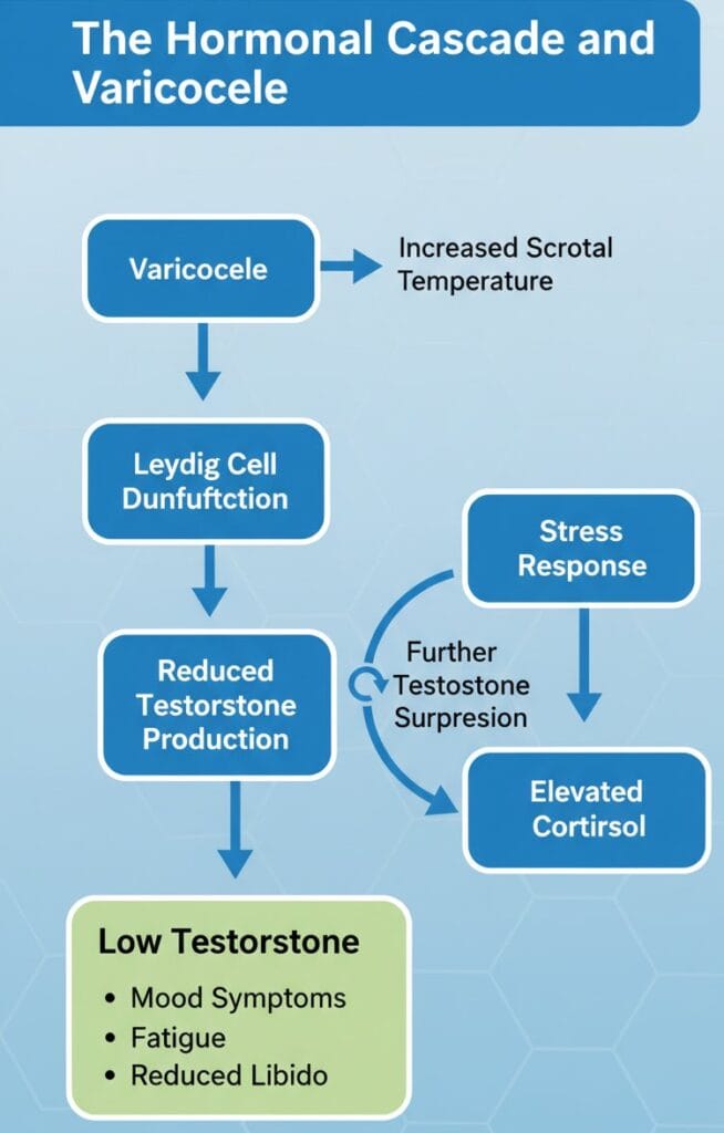 Flow diagram illustrating how varicocele affects testosterone production through increased scrotal temperature, and how resulting hormonal changes contribute to mental health symptoms