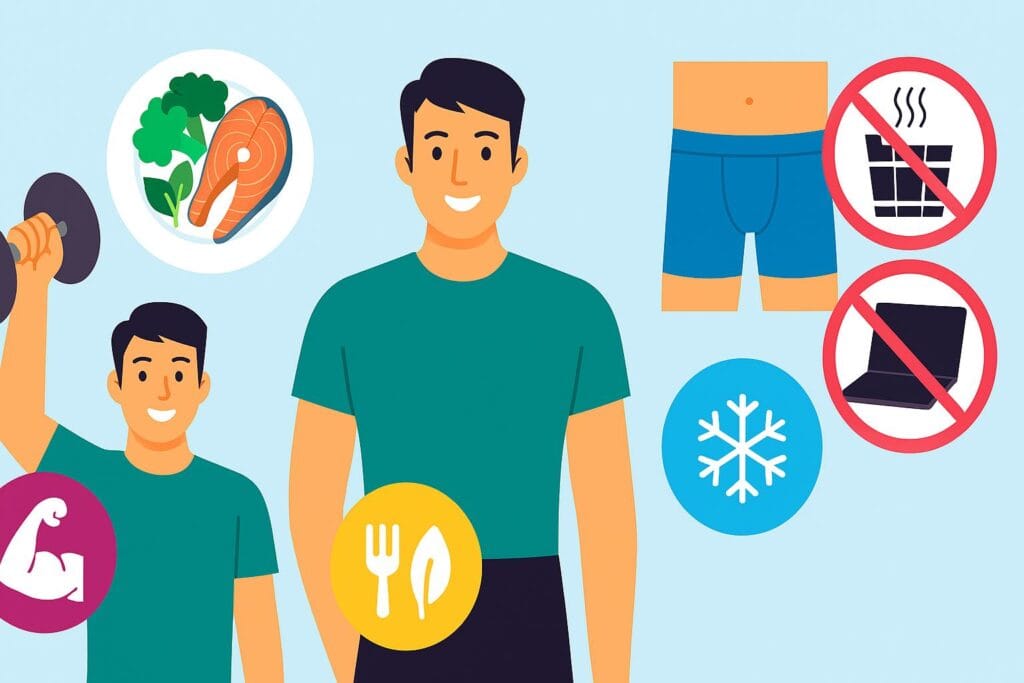 Illustration of lifestyle strategies to support testosterone levels in men with varicocele including exercise, diet, and supportive underwear