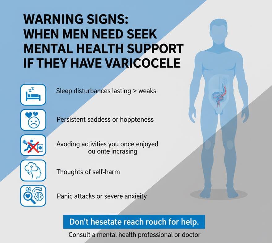 Visual checklist of warning signs indicating when professional mental health support should be sought for varicocele-related psychological distress