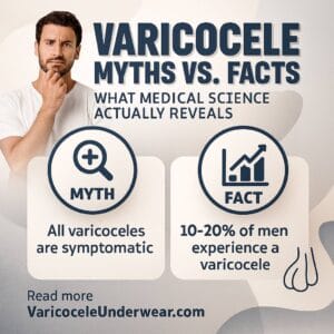 Varicocele myths and facts infographic with medical science explanations and statistics for men’s health awareness