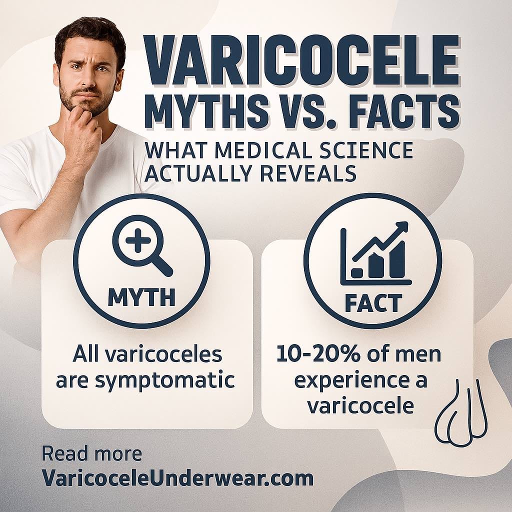 Varicocele myths and facts infographic with medical science explanations and statistics for men’s health awareness