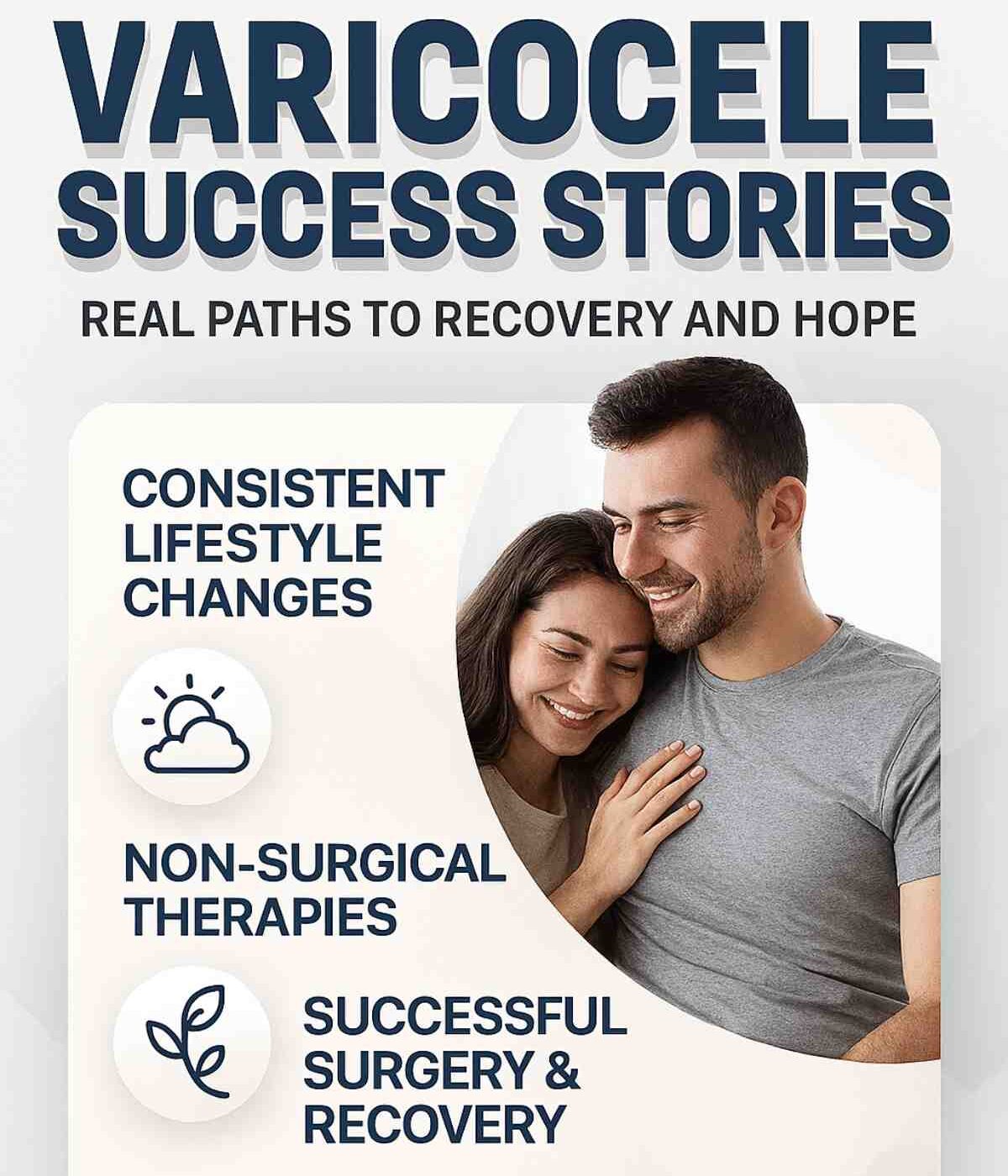 Varicocele success stories infographic showing recovery methods, lifestyle changes and treatment options for male health.