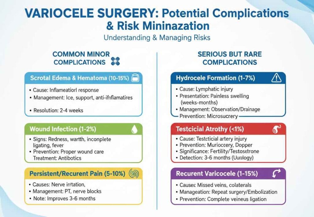 Infographic explaining potential complications after varicocele surgery, including scrotal edema, wound infection, persistent pain, hydrocele, testicular atrophy, and recurrence, with prevention and management tips.