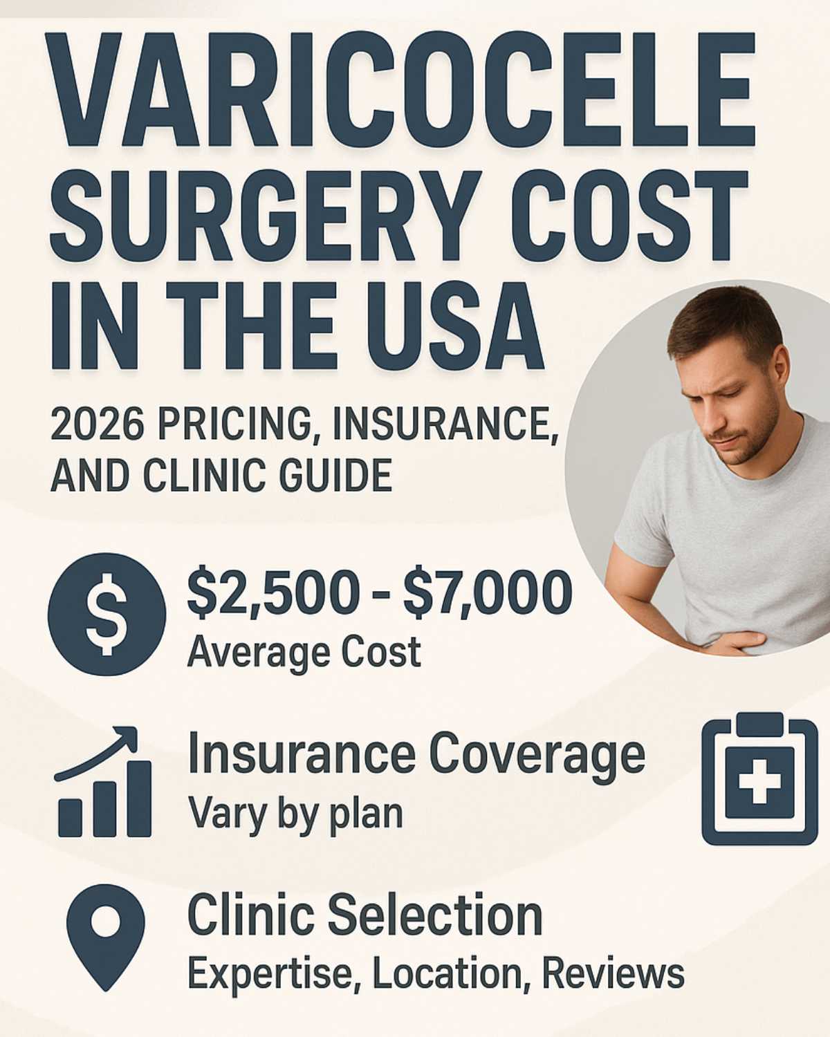Varicocele surgery cost USA 2026 with insurance coverage details and clinic guide infographic