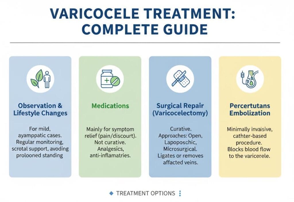Infographic showing varicocele treatment options, success rates, and recovery details, including surgical repair, embolization, and lifestyle management.
