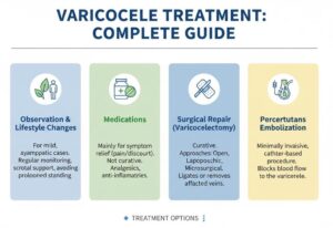 Infographic showing varicocele treatment options, success rates, and recovery details, including surgical repair, embolization, and lifestyle management.