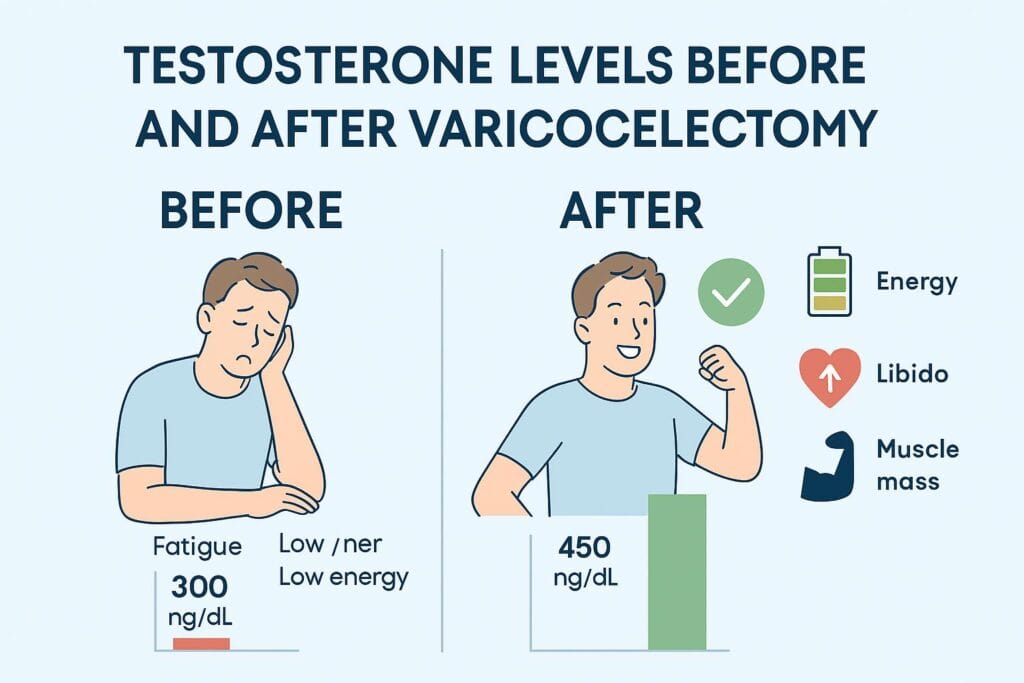 Infographic comparing testosterone levels before and after varicocelectomy surgery with improved energy and libido