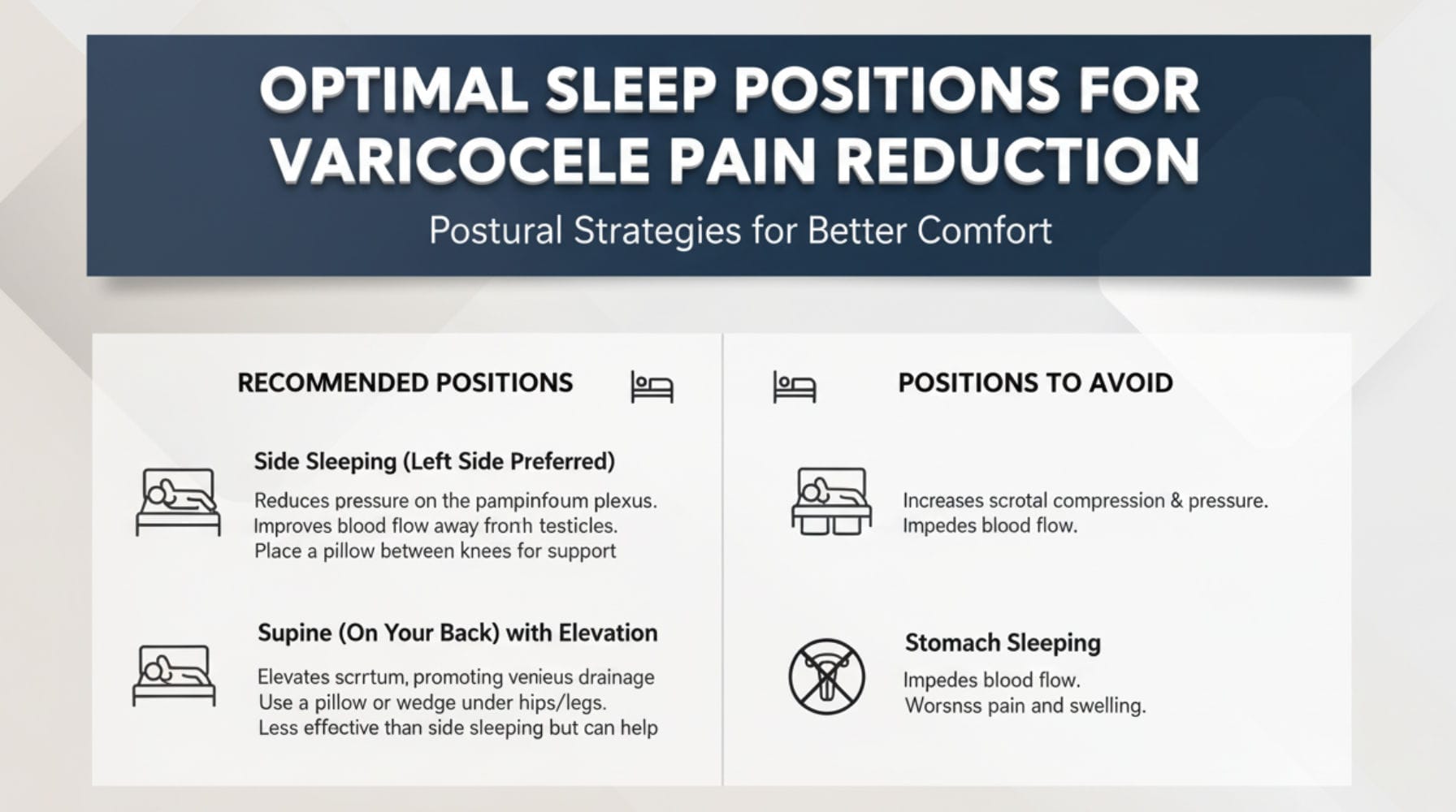 Illustration showing stomach sleeping position to avoid with varicocele due to scrotal compression and poor drainage