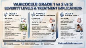 Varicocele grade 1 2 3 comparison diagram showing detection methods and severity levels in male scrotum