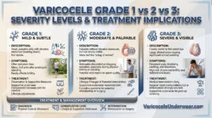 Varicocele grade 1 2 3 comparison diagram showing detection methods and severity levels in male scrotum