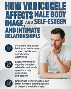 Varicocele effects on male body image, self-esteem, and intimate relationships explained with icons and lifestyle photo