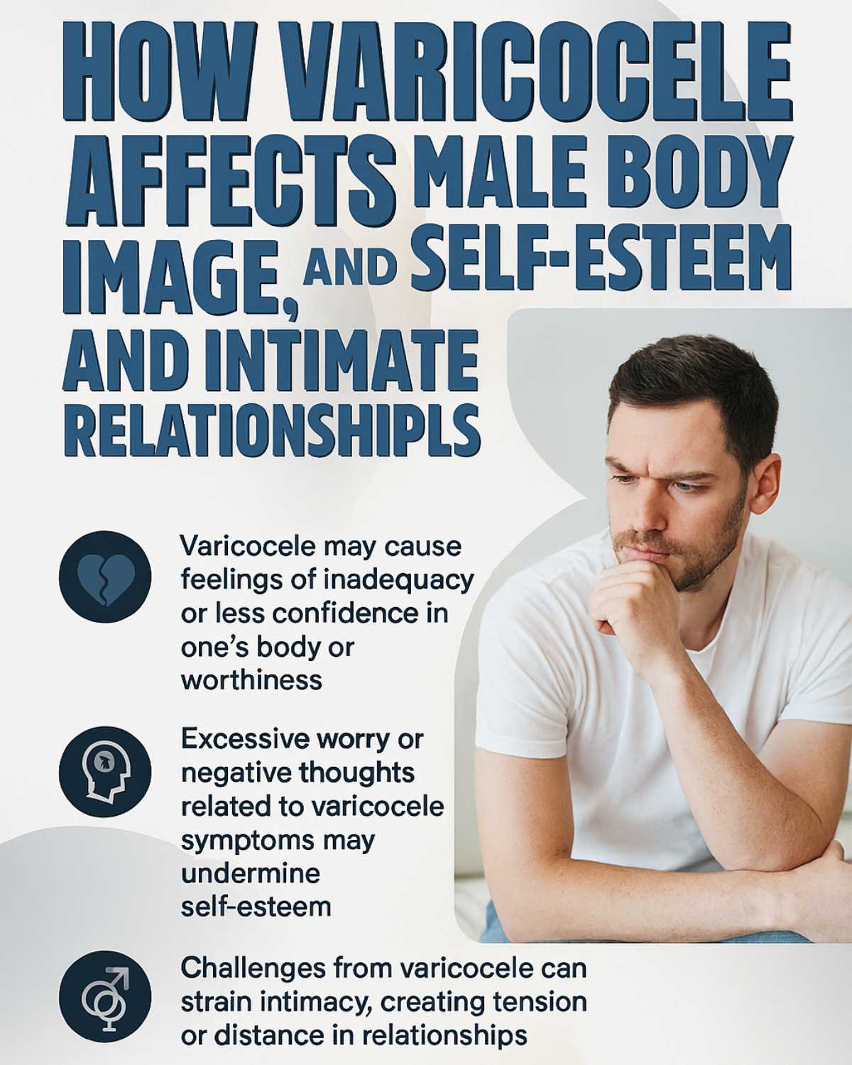 Varicocele effects on male body image, self-esteem, and intimate relationships explained with icons and lifestyle photo