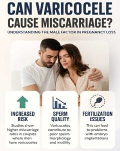 Varicocele miscarriage risk explained with male infertility factors and sperm quality impact infographic