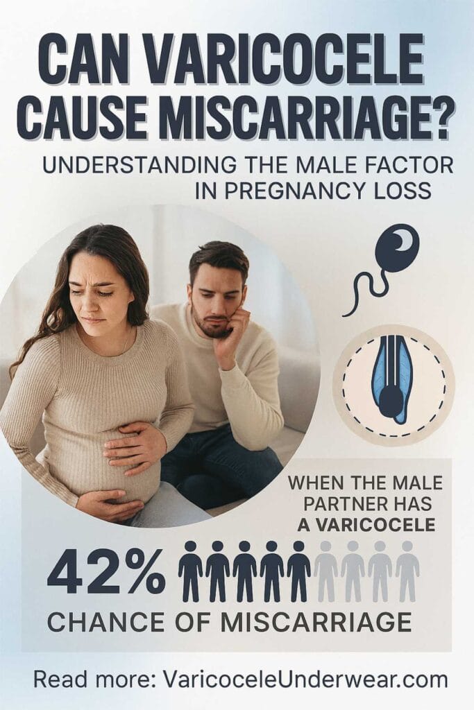 Current image: Varicocele miscarriage risk infographic explaining male infertility and pregnancy loss factors with medical icons.