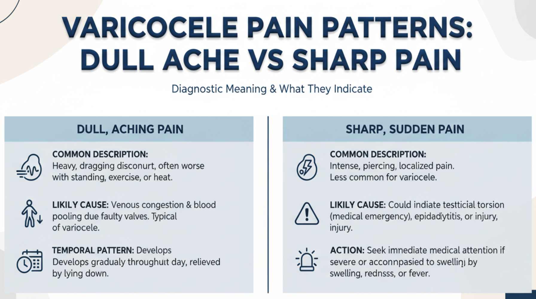 Diagram showing varicocele pain patterns - dull aching pain in scrotum that worsens when standing and improves lying down