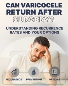 varicocele recurrence after surgery infographic with recurrence rates, risk factors and treatment options