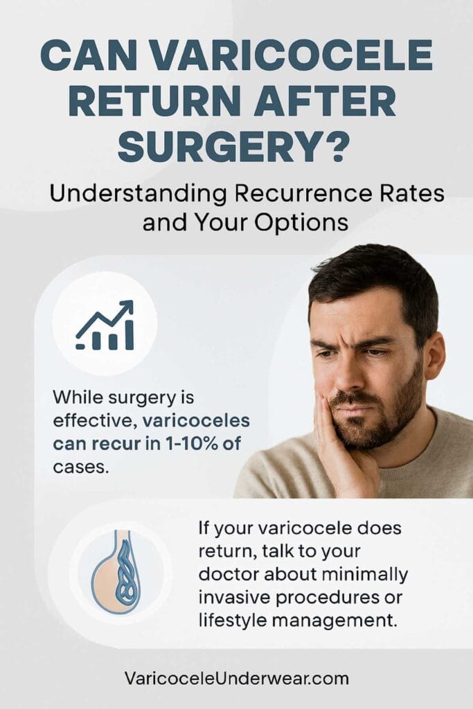 Varicocele recurrence after surgery infographic with causes, recurrence rates, and treatment options