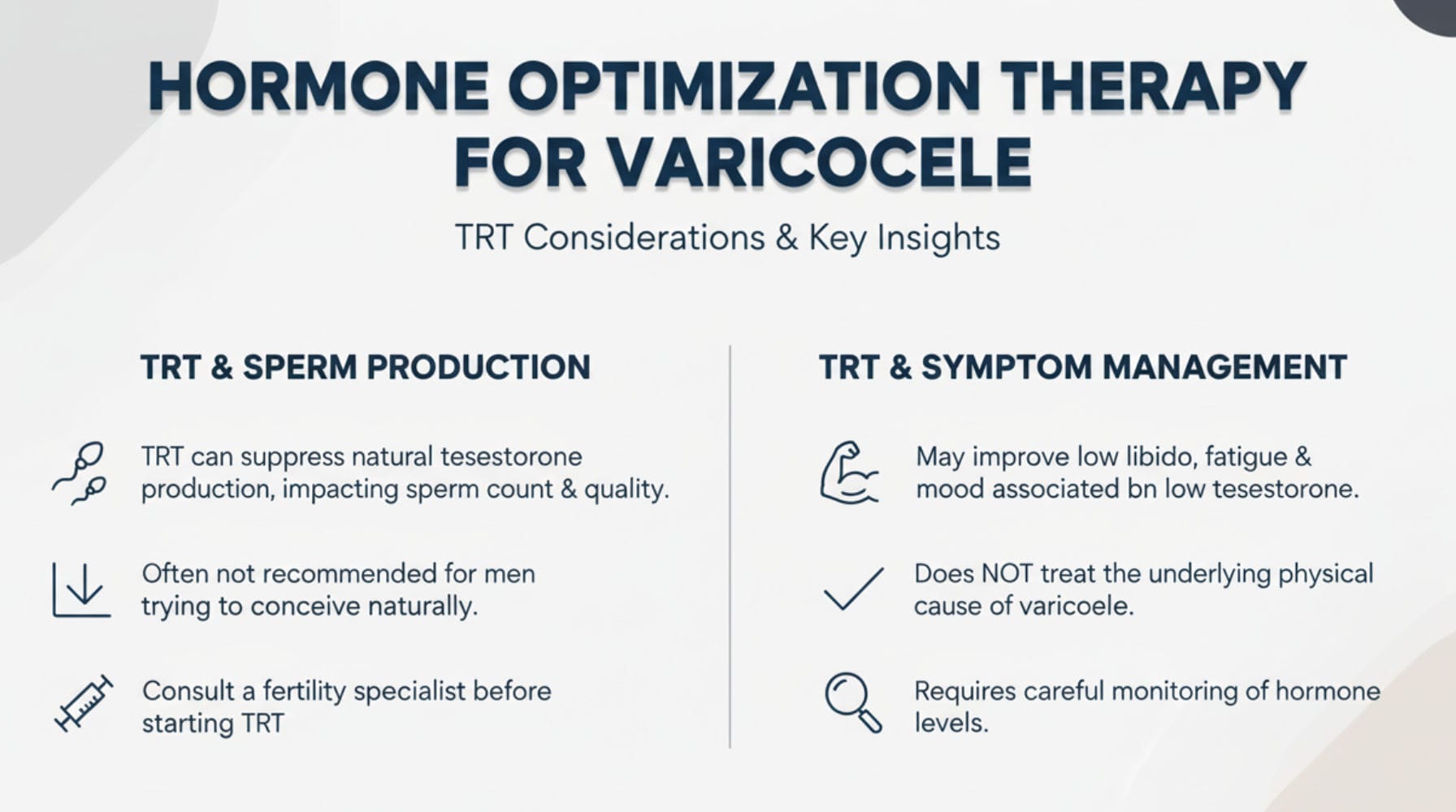 Clinical decision flowchart comparing TRT versus varicocele surgery for low testosterone treatment options