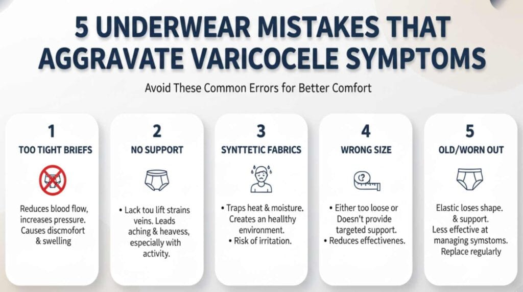 Comparison chart showing tight briefs vs supportive boxer briefs for varicocele symptom management