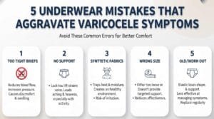 Comparison chart showing tight briefs vs supportive boxer briefs for varicocele symptom management