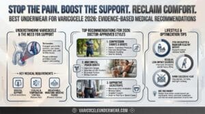 Varicocele underwear infographic showing compression levels, symptom reduction statistics, and evidence-based support recommendations for 2026