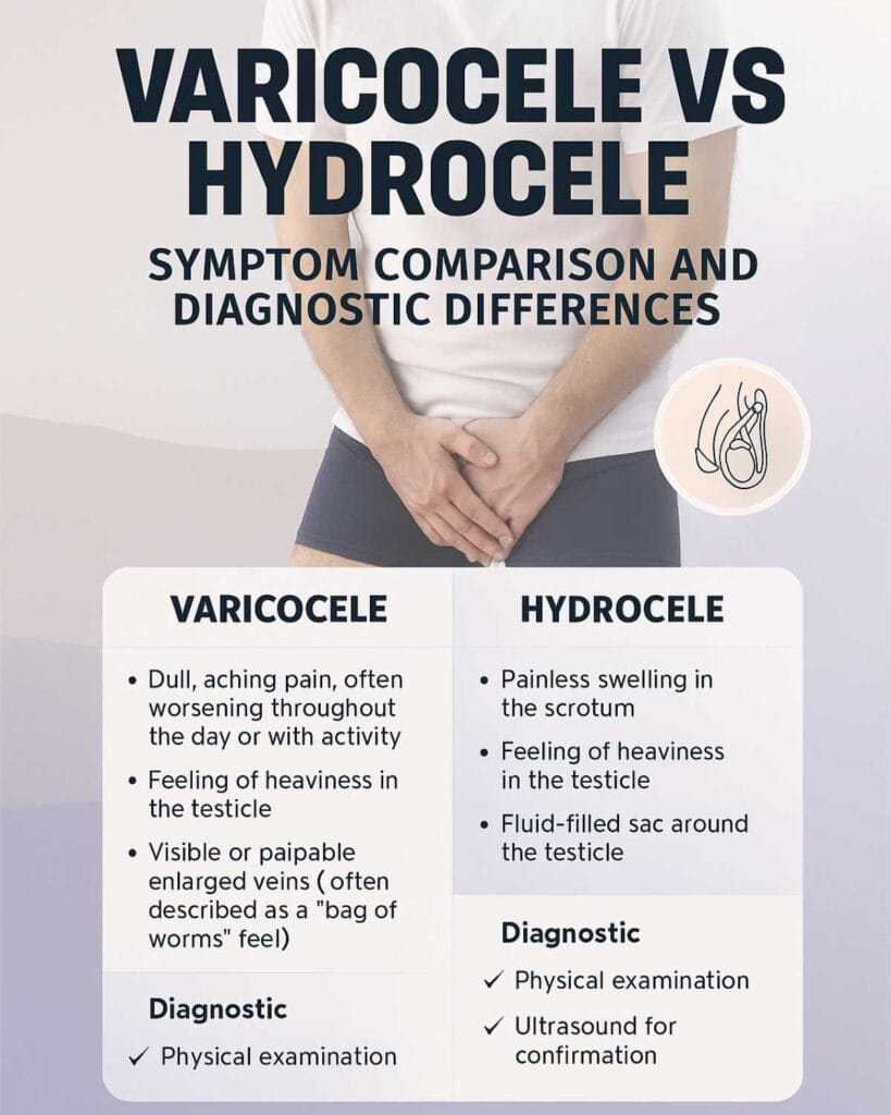 Varicocele vs hydrocele symptoms and diagnostic differences infographic with medical comparison chart